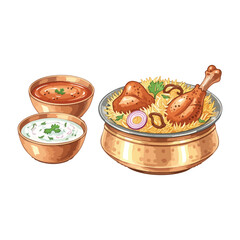 Chicken Biryani with Raita and Saalan Isolated on Transparent Background – Watercolour Illustration
