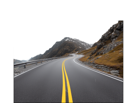 Winding Road Through Mountains: A scenic journey awaits, as a smooth, asphalt road meanders through rugged mountain terrain, its yellow lines guiding the way towards distant peaks.
