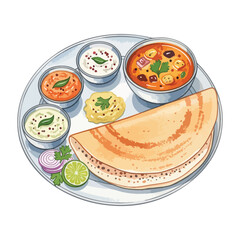 Plate of Dosa with Sambar and Chutney Isolated on Transparent Background – Watercolour Illustration
