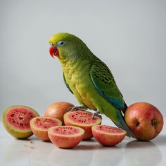 A parakeet sitting on guava slices, white background