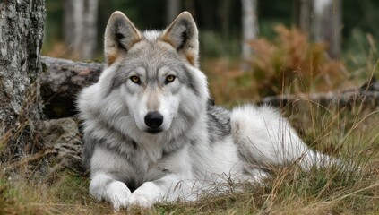 Naklejka premium Captivating portrait of a majestic grey wolf resting peacefully in nature