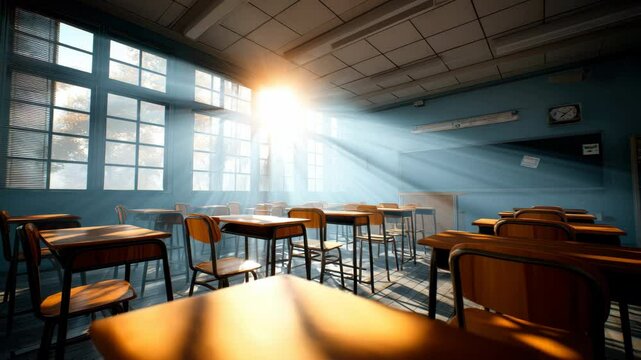 Sunlight streams through large classroom windows, illuminating empty wooden desks and chairs peaceful, quiet school setting, evoking calm and hopeful atmosphere as morning sunlight fills classroom