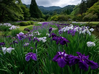 Obraz premium Iris Garden in Full Bloom with Forest Background
