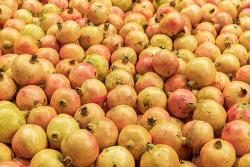 A pile of fresh orange-yellow pomegranate fruits