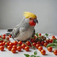 A cockatiel among cherry tomatoes and berries, white background