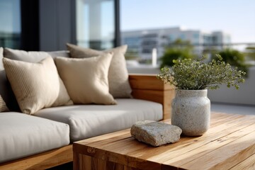 A comfortable outdoor seating arrangement with soft cushions and a decorative vase promotes a soothing atmosphere for moments of relaxation and connection with nature.