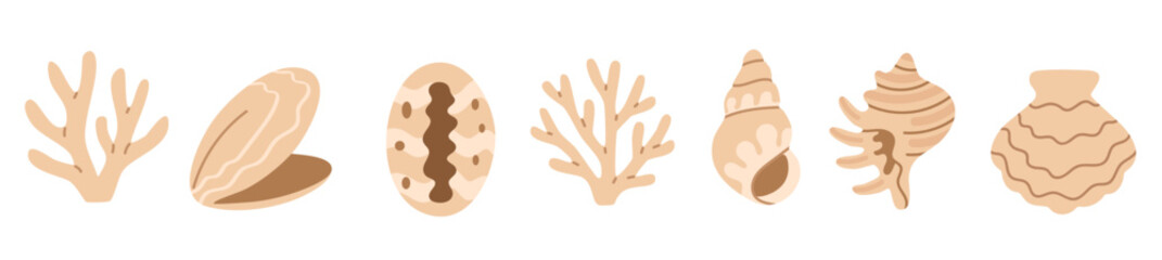 Beige marine vector collection featuring clams, cowries, conch shells, and coral on white background