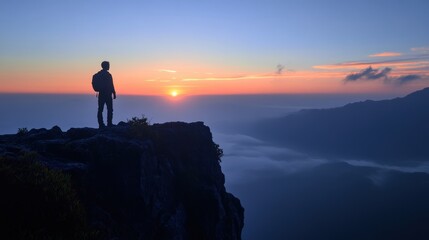 Silhouette of business male stand and feel happy on the most hight at the mountain on sunset, success, leader, teamwork, target, Aim, confident, achievement, goal, on plan, finish,