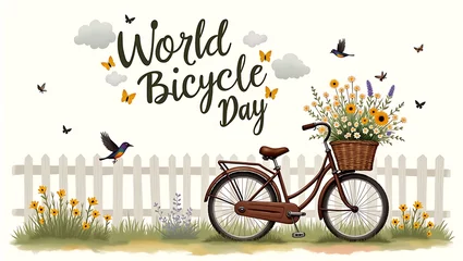 Fototapete Rund Charming world bicycle day design featuring a vintage blue bike with floral baskets, butterflies, and a ribbon banner © Koushik
