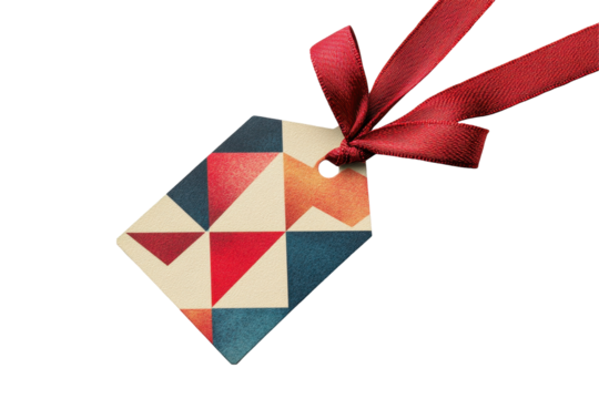 Decorative gift tag with geometric patterns and a red ribbon for festive occasions and special events