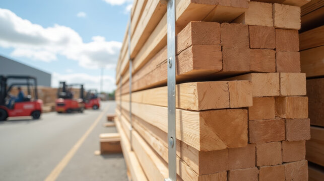 Stacked wooden planks in lumber yard, showcasing variety of sizes and textures, with forklifts in background, creating busy atmosphere - Powered by Adobe