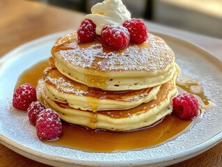 Sweet stacked pancakes with berries and cream