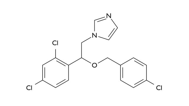 econazole molecule, structural chemical formula, ball-and-stick model, isolated image antifungal