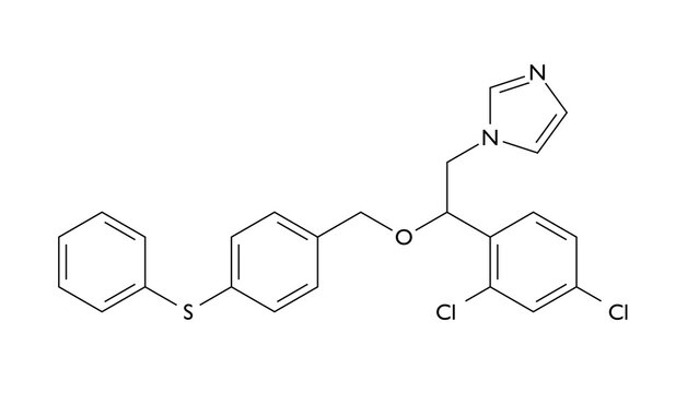 fenticonazole molecule, structural chemical formula, ball-and-stick model, isolated image antifungal