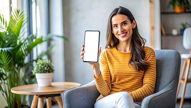 Smiling woman holding smartphone with blank screen while relaxing in a modern living room