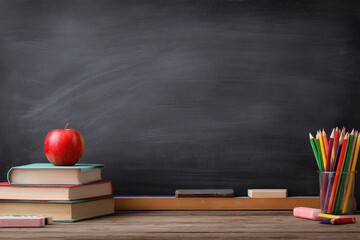 A red apple rests atop stacked books before a chalkboard; colored pencils and erasers are nearby