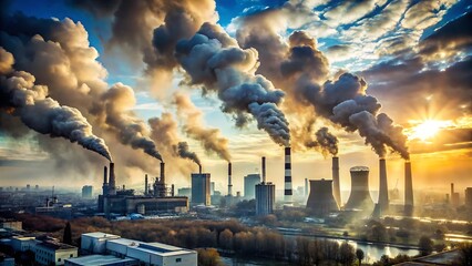 Environmental pollution from industrial factories releasing smoke and pollutants into the atmosphere