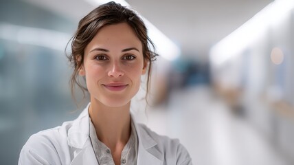 Naklejka premium A confident young female doctor smiling in a white coat, embodying professionalism and trust in healthcare.