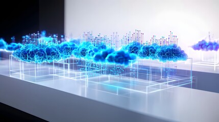 Abstract Digital Data Visualization with Glowing Blue Clouds and Geometric Shapes in Modern Design