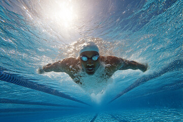 swim competition: athlete with goggles and cap swimming under water in the pool with powerful strokes