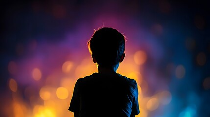 Silhouette of a Child Watching Colorful Fireworks Against a Dark Night Sky