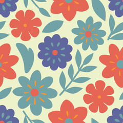 Whimsical and vibrant floral seamless pattern featuring stylized flowers and leaves on a neutral background.