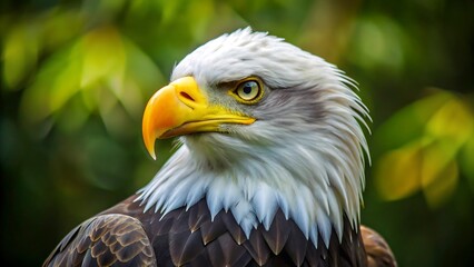 Obraz premium Majestic bald eagle portrait showcasing detailed feathers and intense gaze against green background