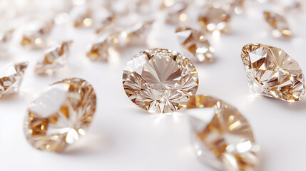 Fototapeta premium A collection of faceted gemstones, likely diamonds, arranged on a white surface.