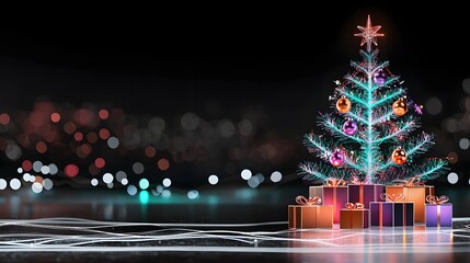 Colorful Christmas Tree Decorated with Lights and Ornaments Surrounded by Wrapped Gifts at Night