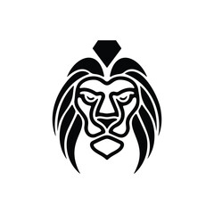 Royal Lion Head Logo Symbol in Black and White, Elegant black and white lion head emblem with geometric diamond icon symbol