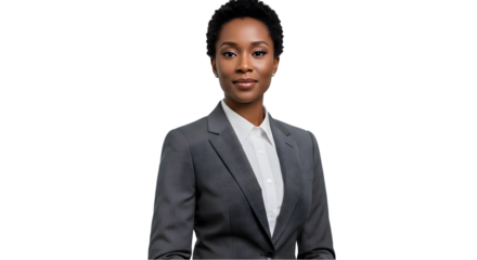 Portrait Of A Smiling Business Woman In Grey Suit Isolated on Black Background
