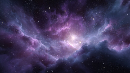 A beautiful cosmic nebula with glowing stars and clouds of purple and blue in the night sky, a deep space abstract illustration.