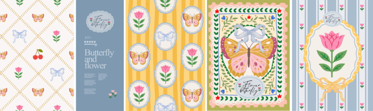 Butterfly and flowers.Vector french cute girly floral illustration seamless pattern, wallpaper, cameo, ribbon bow, cherry for italian postage stamp, frame, poster. background, wall art or textile