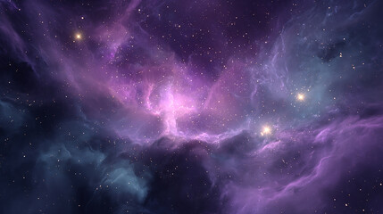 Naklejka premium A beautiful purple nebula in deep space with bright stars shining through the cosmic dust and gas clouds in the night sky