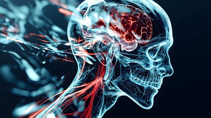 3D Digital Model of Human Skull and Brain with Flowing Red Energy Representing Neuroscience Concepts