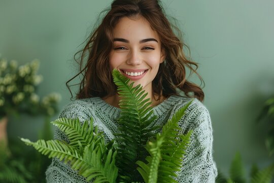 A young woman with wavy hair beams with joy while holding lush ferns in a serene indoor environment filled with plants. Soft light highlights the tranquility of the setting - Powered by Adobe