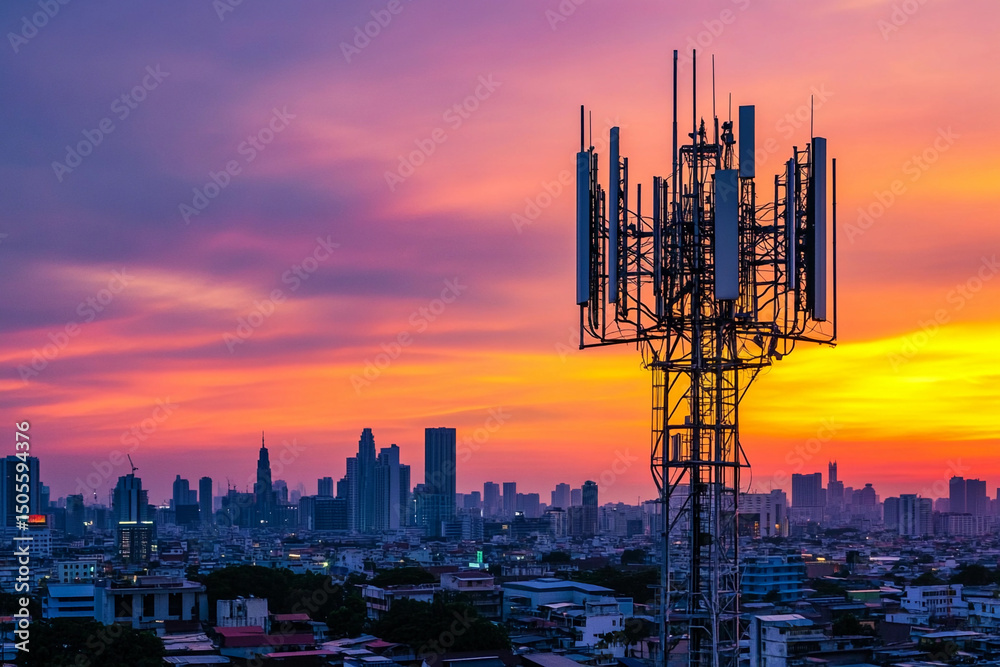 Poster modern cellular tower rises against a colorful sunset skyline generative ai