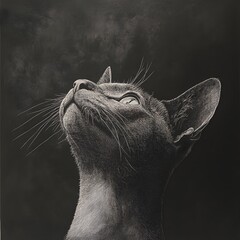 Abstract Portrait of a Cat in Monochrome Displaying Curiosity and Whimsical Expression