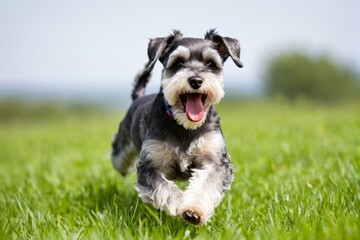 ミニチュア・シュナウザーが、嬉しそうに草原を走る、元気な犬