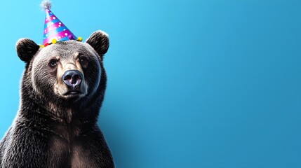 Festive Grizzly Bear Wearing Colorful Birthday Hat Against Solid Blue Background