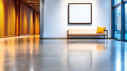 Contemporary Minimalist Lounge Space with Wooden Bench and Warm Ambient Lighting in Urban Setting