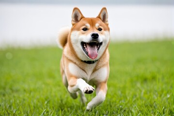 柴犬が、嬉しそうに草原を走る、元気