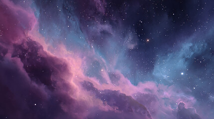 Obraz premium A vibrant cosmic nebula with stars, featuring purple and blue hues, creating a dreamy, ethereal space background for astronomy and science themes