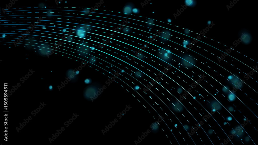 Poster abstract blue black background with dotted lines and bokeh lights