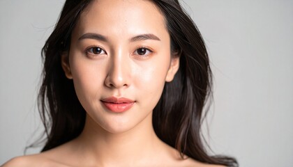 Naklejka premium 清潔感のある美肌, 若い日本人女性, 自然なメイク, ポートレート, 高精細, 美容広告風, 柔らかい光 Clean skin, young Japanese woman, natural makeup, portrait, high-definition, beauty ad style, soft lighting