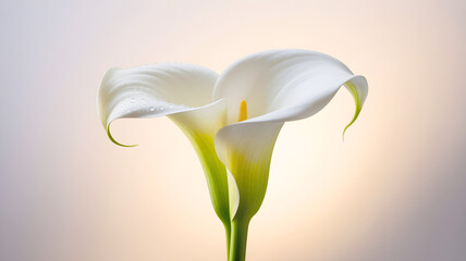 Obraz premium A pair of elegant white calla lilies, with delicate water droplets clinging to their petals, stands gracefully against a soft, gradient background of purple and warm light