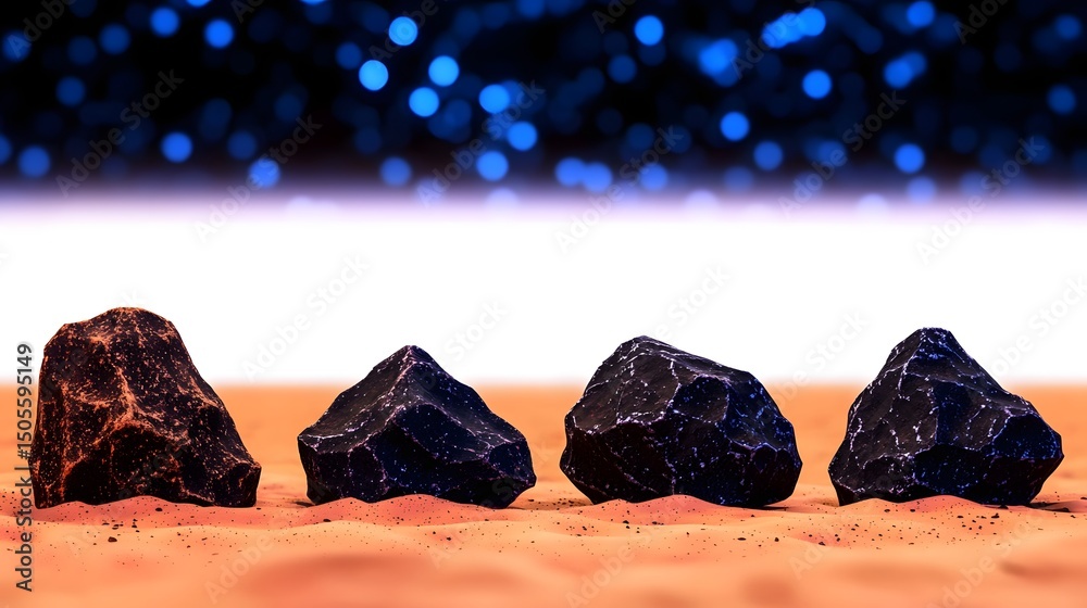 Wall mural close-up of glossy rocks on a surface with a starry night background and cosmic glow