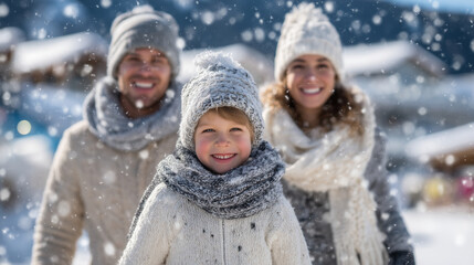 Smiling family wearing cozy winter hats and scarves, holding hands and walking through sparkling snow-covered park on sunny day, their breath visible in crisp air, radiating love a