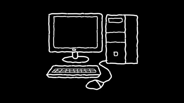 Animated video of a desktop computer in black and white strokes, art, drawing.