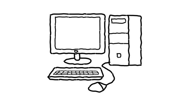 Animated video of a desktop computer in black and white strokes, drawing.